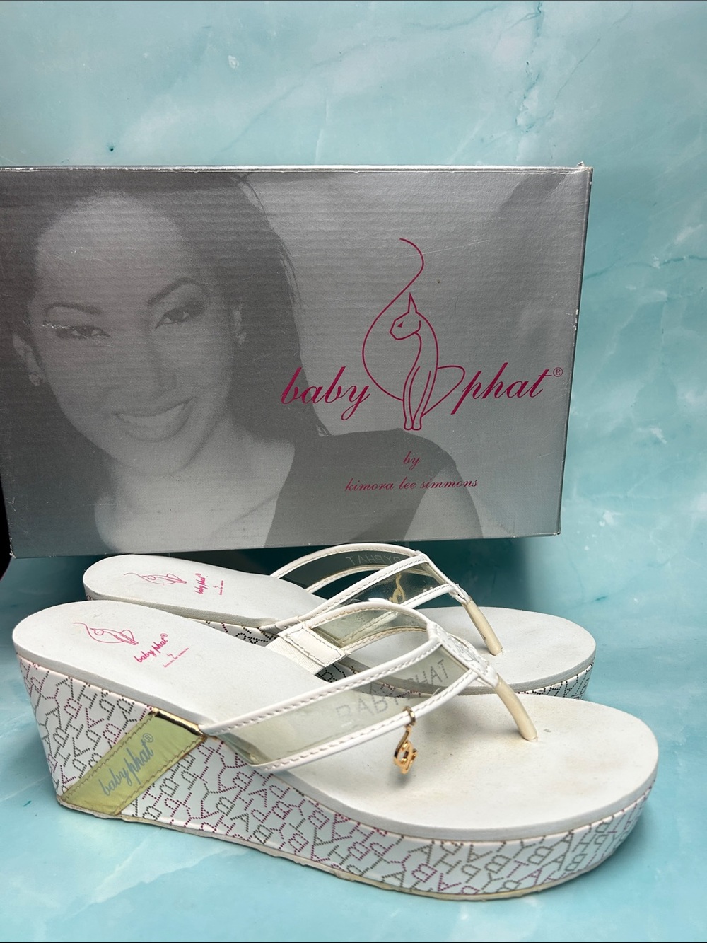 Baby Phat White Platform Wedge Thong Sandals with Gold Accent